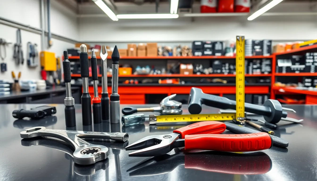 a variety of essential hand tools in a modern mechanical workshop.