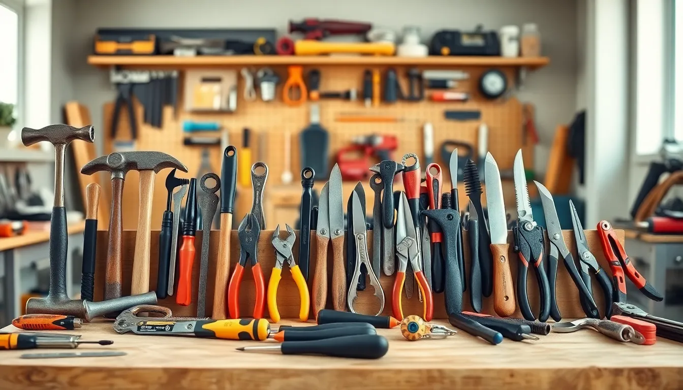 organized workbench displaying essential hand tools in a workshop.