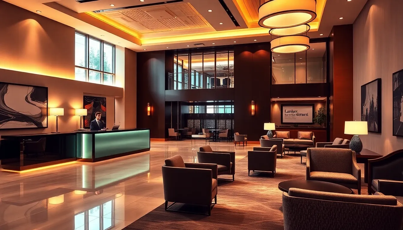 well-lit hotel lobby with modern decor and welcoming atmosphere.