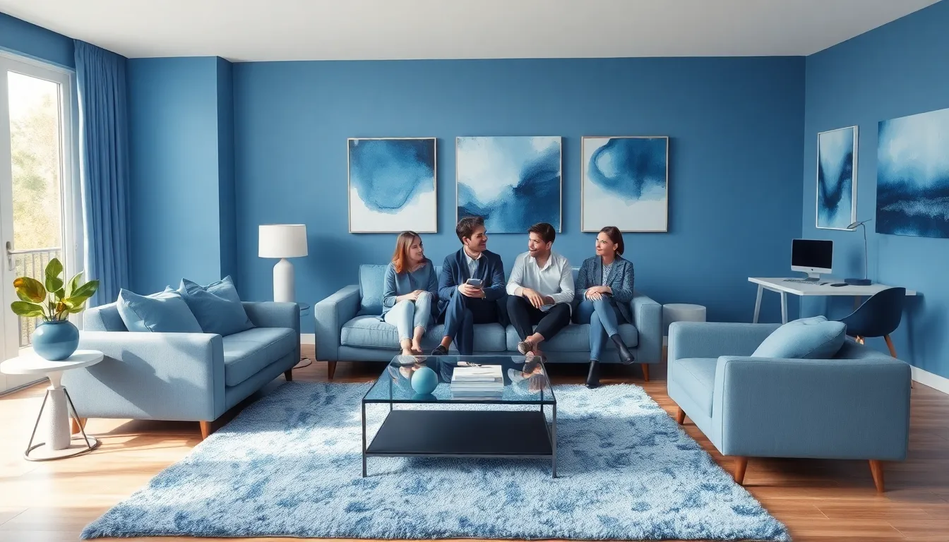 a calming blue living room with people discussing and working.