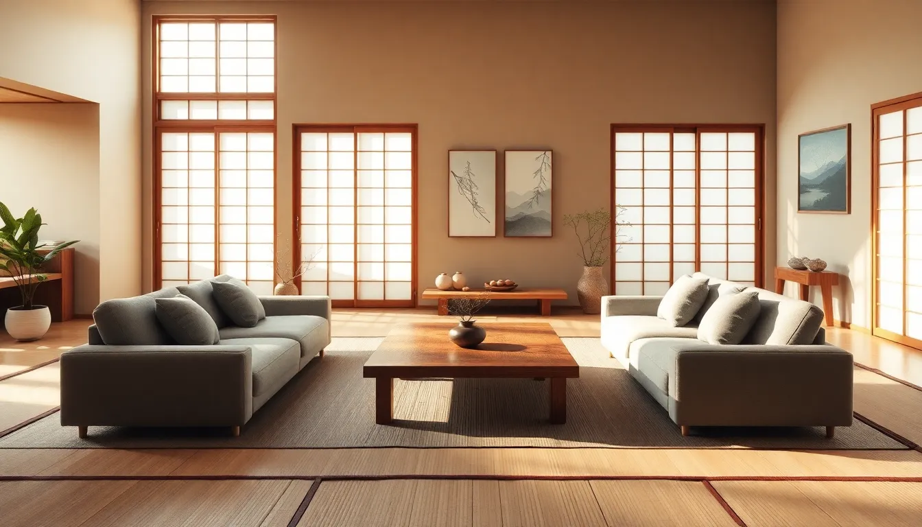 Japanese-inspired minimalist living room with natural decor.