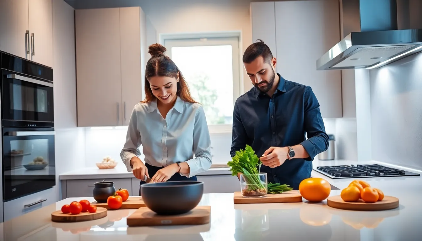 professionals preparing food in a modern kitchen with under cabinet lighting.
