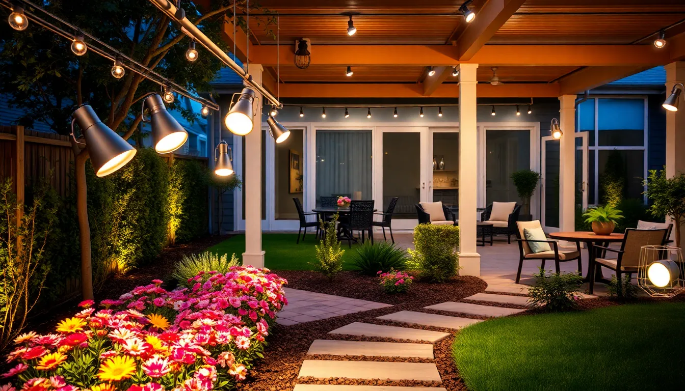 outdoor track lighting illuminating a garden pathway.