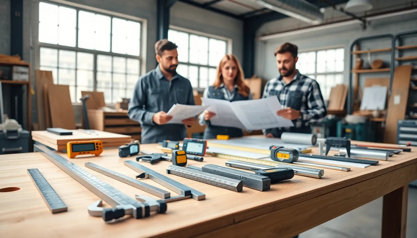 professionals discussing measuring tools in a workshop setting.