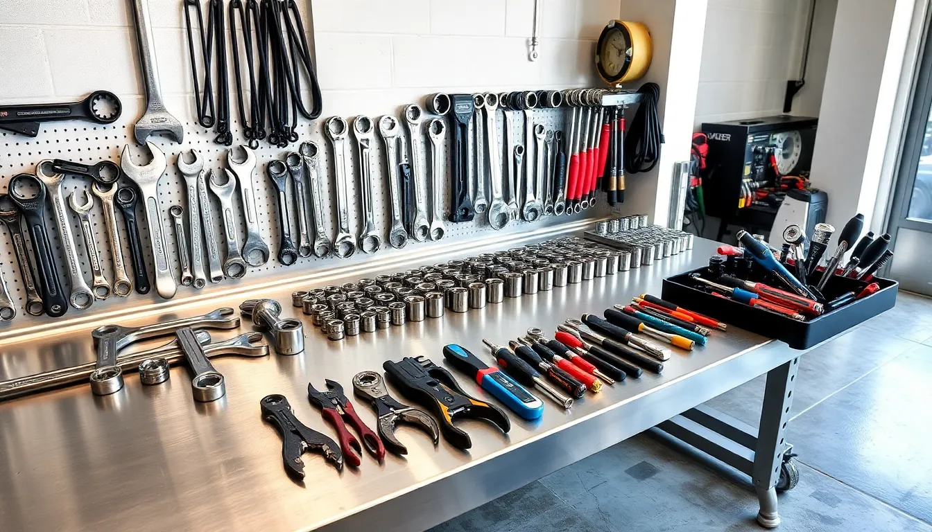 organized automotive workshop tools on a sleek workbench.