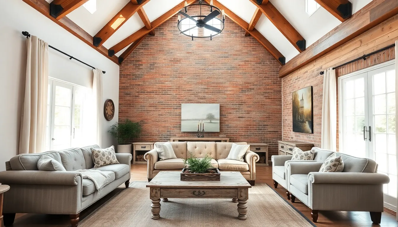 cozy farmhouse living room with rustic furniture and natural light.