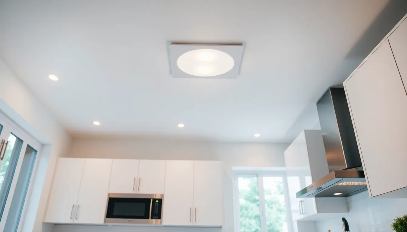 modern kitchen with flush mount ceiling lighting.