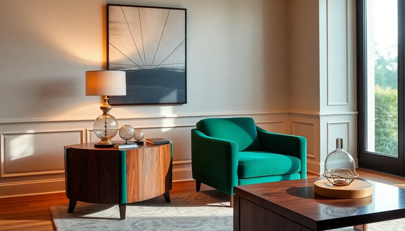 elegant living space featuring velvet furniture and warm lighting.