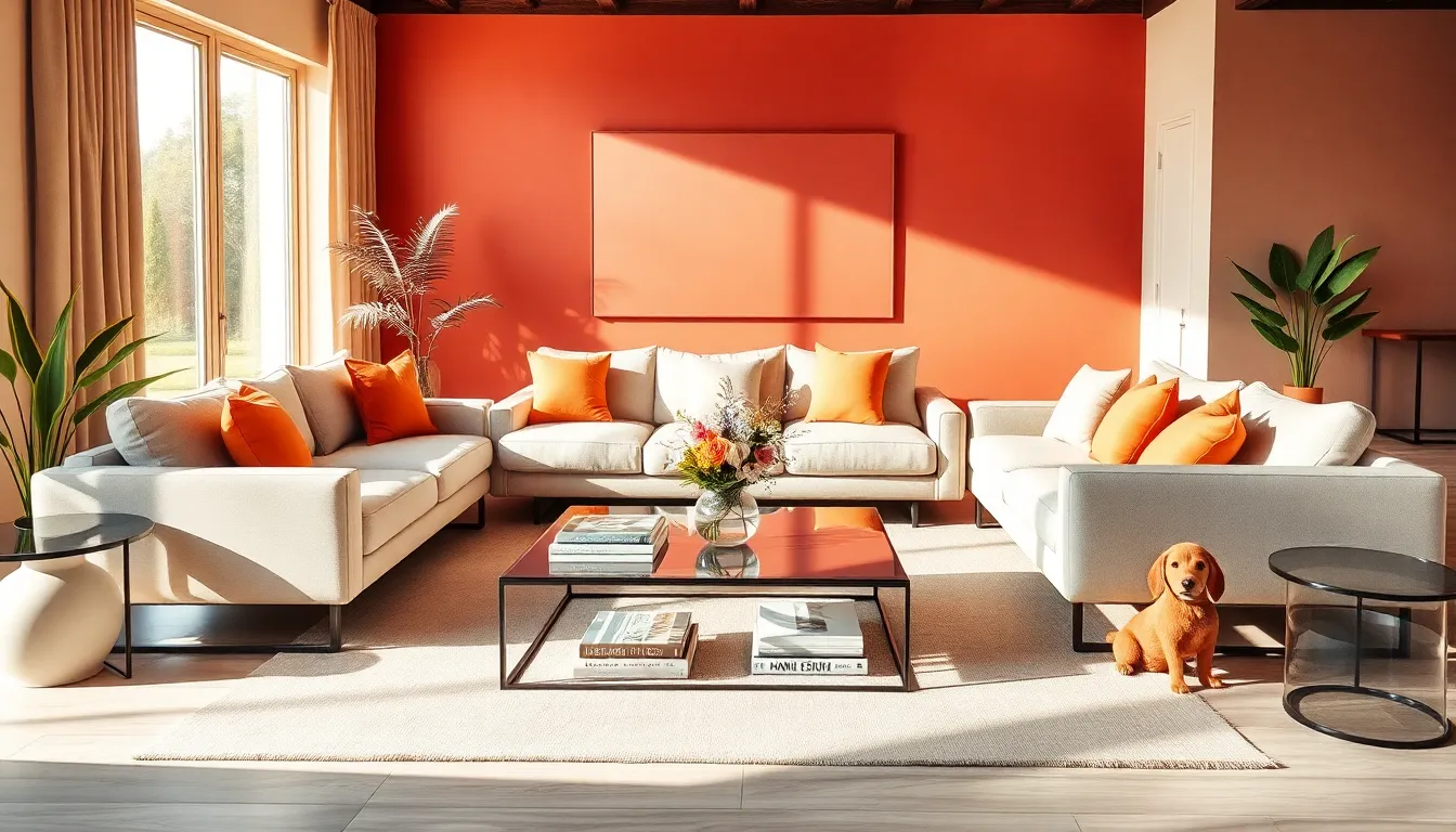stylish living room showcasing warm wall colors for inviting atmosphere.