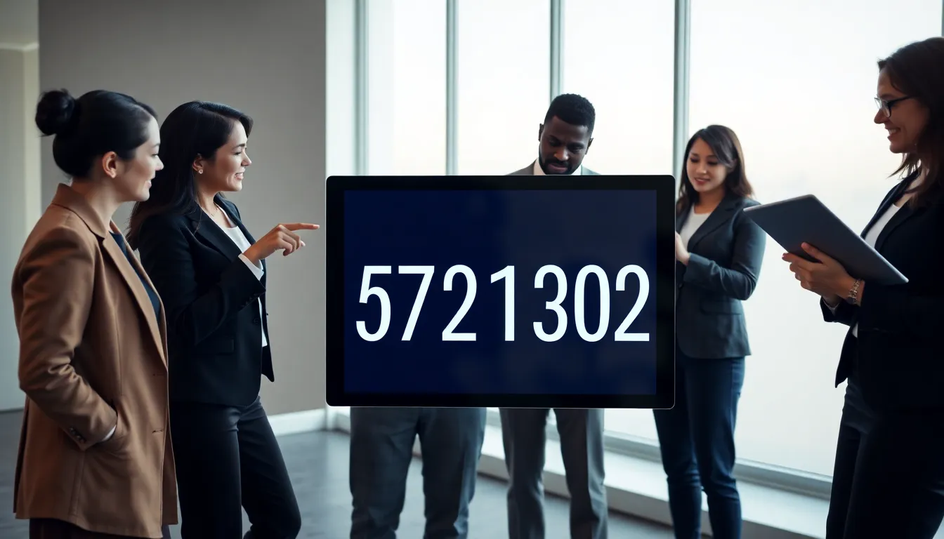 professionals collaborating around a digital display of 3457213023.